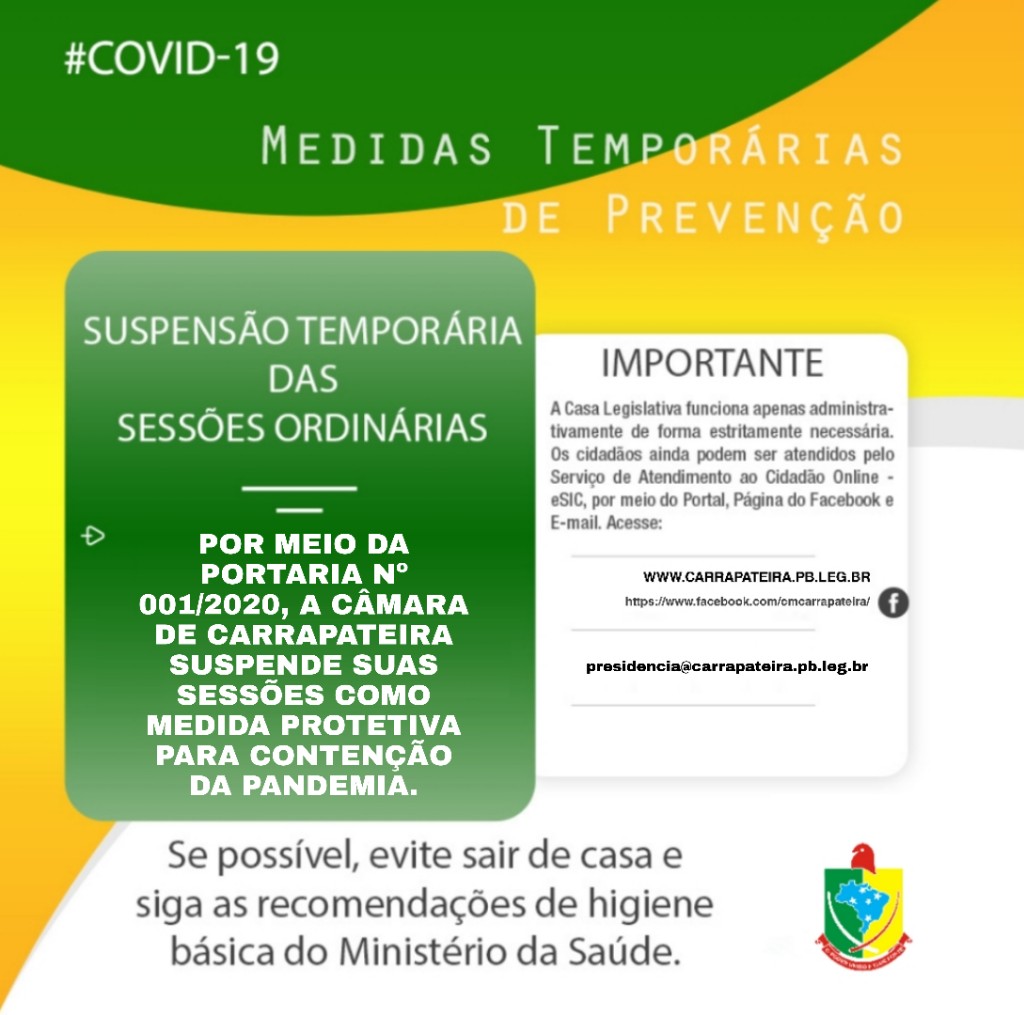 Suspensão das Sessões Ordinárias e atendimento físico no período de Pandemia